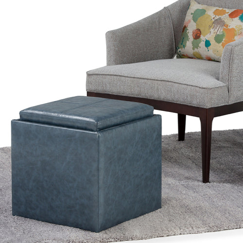 Denim Blue Vegan Leather Cube Storage Ottoman with Reversible Tray Lid, 17 Inch