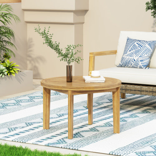 27 Inch Round Brown Acacia Wood Slatted Coffee Table, Weather Resistant