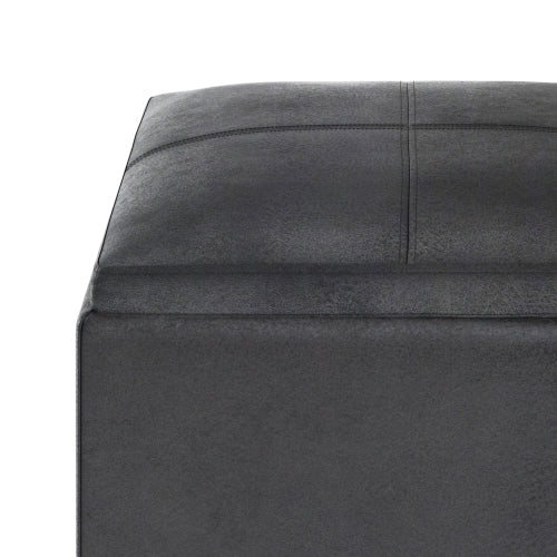 17 Inch Storage Ottoman with Tray Distressed Black Vegan Leather Cube