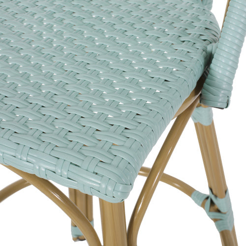 29.5" Outdoor PE Rattan and Aluminum French Barstools, Set of 2, Light Teal and Bamboo Finish