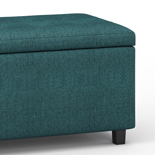 34 Inch Storage Ottoman Bench Teal Fabric Tufted Footrest