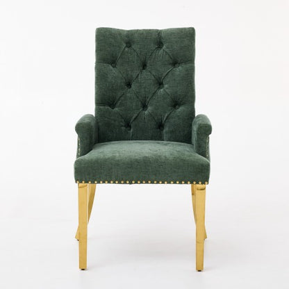 Tufted Chenille Dining Armchair with Nailhead Trim and Steel Legs, Olive Green