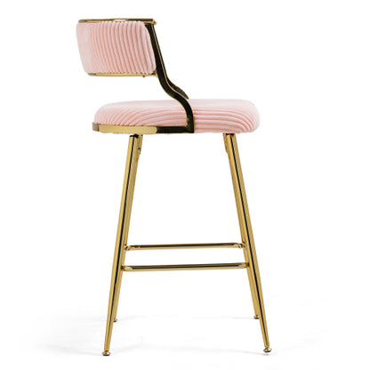 (SET of 2) 26inch  Counter height bar stools Corduroy kitchen island counter bar stool with back,golden chromed base and footrest (PINK)