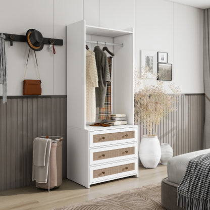 Wardrobe with 3 Drawers High Wardrobe Armoire With Rattan For Living Room, Bedroom Organizer