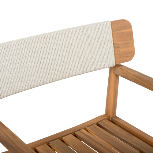 CREATIVE BRAIDED ACACIA WOOD OUTDOOR DINING TABLE AND CHAIRS WITH ARMRESTS, SUITABLE FOR OUTDOOR DINING AND LEISURE PLACES, TEAK LOOK & WHITE ROPE,SET OF 2