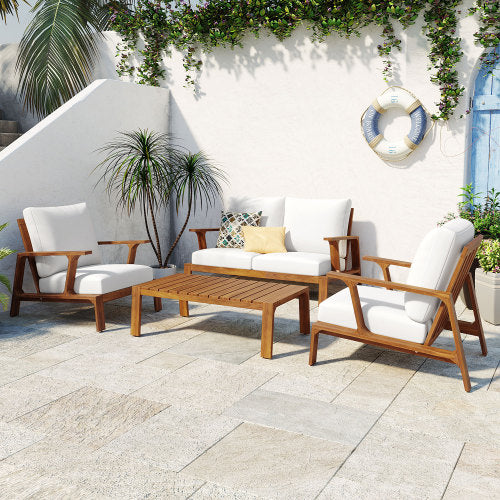 4 Pieces Outdoor Sofa Set 4-person Patio Seating Group Outdoor Conversation Set with Cushions and a Coffee Table for Patios, Gardens, or Balcony, Teak Finish +White Cushion