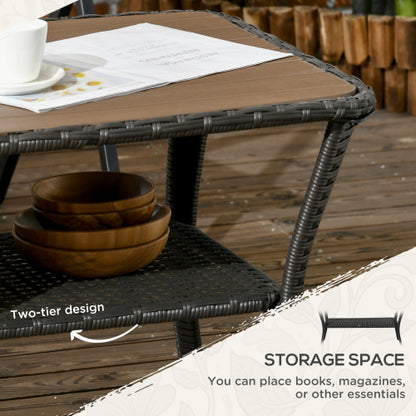 Outsunny Patio PE Rattan Coffee Table with Storage Shelf, Hand-Woven Wicker Outdoor Side Table, 2-Layer Storage Table with Wood-plastic Composite Top, for Garden, Porch, Backyard, Mixed Brown
