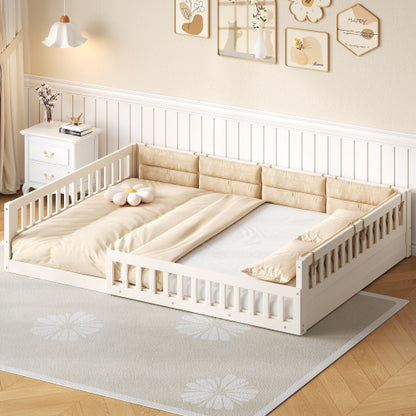 Wood Full Size Upholstered Platform Bed with Guardrail and Pillow, Beige