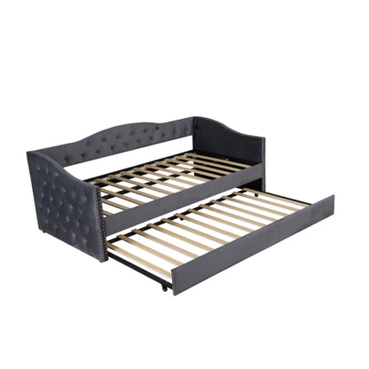Twin Size Upholstered Daybed with Trundle and USB Charging Design, Sturdy Wood Slat Support, Wood Bed Frame for Bedroom/Guestroom/Dorm,Plush Velvet Fabric,Gray