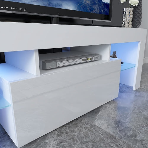 51 Inch High Gloss White LED TV Stand with Flip Door & Glass Shelf for 55 Inch TV