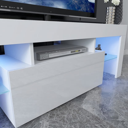 51 Inch High Gloss White LED TV Stand with Flip Door & Glass Shelf for 55 Inch TV