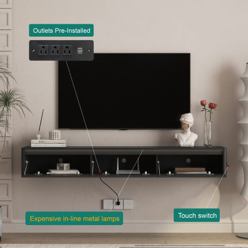 Black Floating Wall Mount High Gloss TV Cabinet with Touch LED Light Strip & Built-in Power Outlet