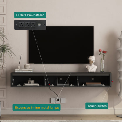 Black Floating Wall Mount High Gloss TV Cabinet with Touch LED Light Strip & Built-in Power Outlet