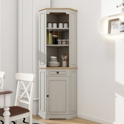 68" Tall Corner Cabinet, Freestanding Corner Storage Cabinet with 1 Door, 1 drawer and a Adjustable Shelf, Farmhouse Bar Storage Cabinet for Living Room, Dining room, Kitchen, Bathroom-Antique White