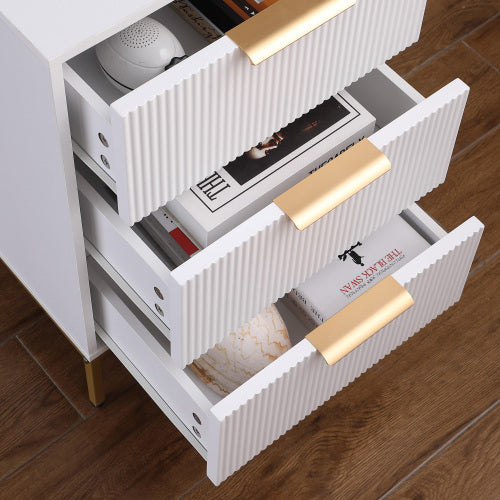 White Mid-Century Nightstand, 3 Wavy Drawers with Gold Metal Legs & Handles Bedroom End Table