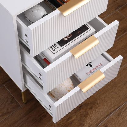 White Mid-Century Nightstand, 3 Wavy Drawers with Gold Metal Legs & Handles Bedroom End Table