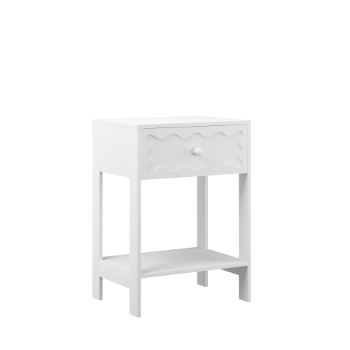 White Nightstand with Drawer and Open Shelf, Modern Wave Pattern Bedside Table, Solid Wood Frame End Table for Bedroom, Living Room, Small Spaces