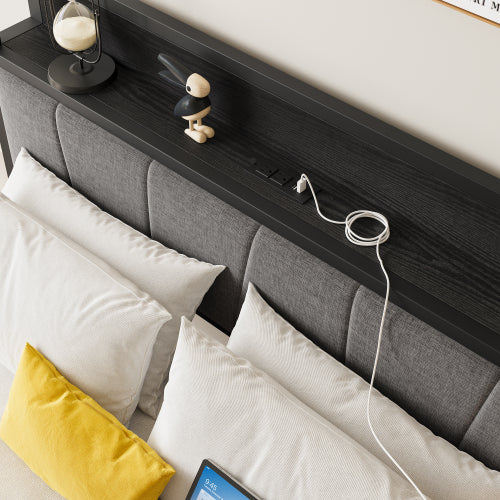 Full Size Bed Frame, Storage Headboard with Charging Station, Solid and Stable, No Box Spring Needed, Easy Assembly