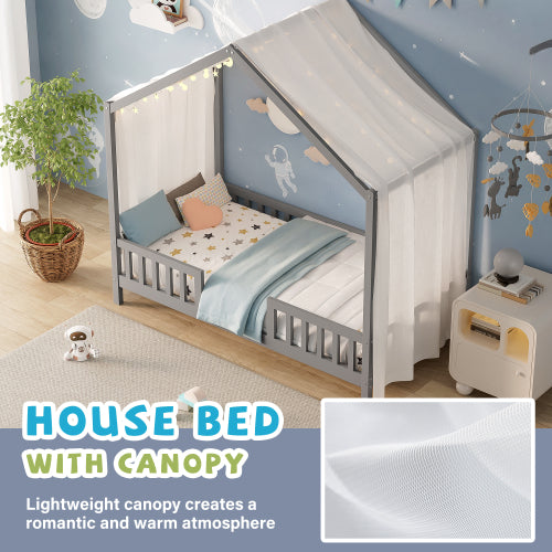 Montessori Floor Bed with Canopy, Twin Bed Frame for Kids, House Shape Toddler Bed Frame with High Railings, Wood Kids Bed with Roof, Kid Twin Bed, Grey