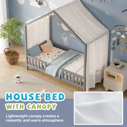 Montessori Floor Bed with Canopy, Twin Bed Frame for Kids, House Shape Toddler Bed Frame with High Railings, Wood Kids Bed with Roof, Kid Twin Bed, Grey