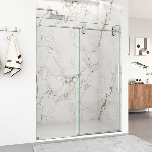 56"-60"W x 72"H Frameless Single Sliding Shower Door – 5/16" (8mm) Clear Tempered Glass, Bypass Design with Chrome Finish