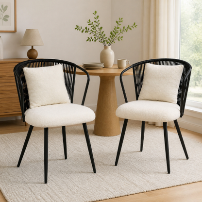 PE Rattan Dining Armchairs with Teddy Cushions and Pillows, Set of 2, Black