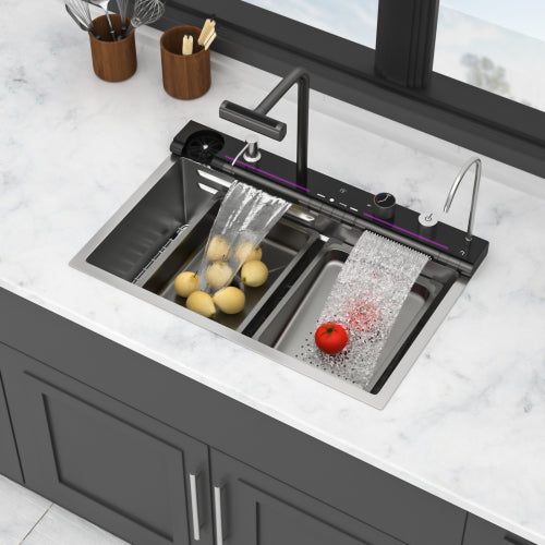 30" Kitchen Sink Waterfall Sink - 30 x 19 x 9 inch Multifunction Single Bowl 16 Gauge Stainless Steel Ledge Workstation Smart Digital Features Top Mount Kitchen Sinks