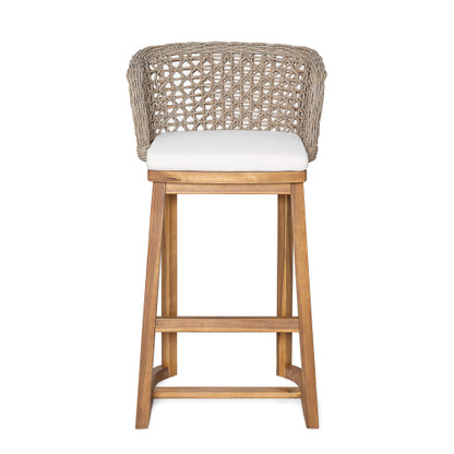 Outdoor Acacia Wood Bar Stools (Set of 2), Teak Finish Bar Height Chairs with Beige Cushion & Light Brown Wicker Back, Counter Height Stools for Patio, Poolside, Kitchen Island