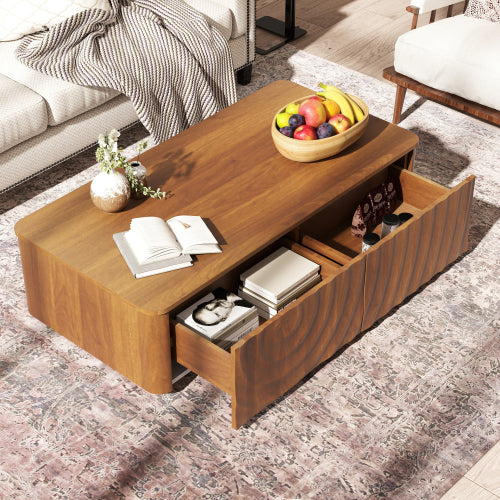 47 Inch Wave Texture Coffee Table with 2 Drawers Hidden Base Walnut Brown