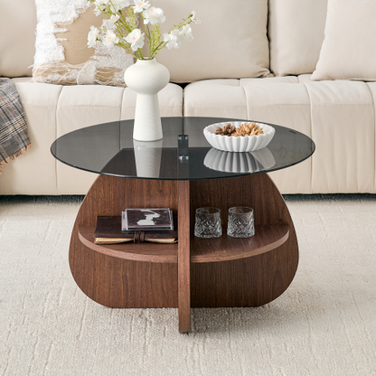 29.5inch  Round Cross-Structure Glass Coffee Table, Walnut Fan-Shaped Storage Base