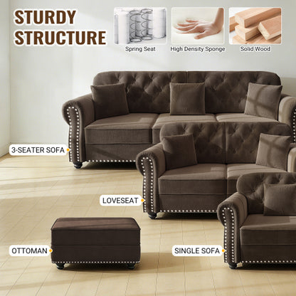 41.3 inch  Brown Mid-Century Velvet Sofa, Nailhead Trim, Rolled Arms, 1 Pillow