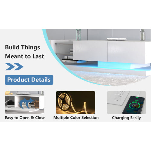 70 Inch White Modern LED TV Stand with Power Outlet Tempered Glass Entertainment Center for 75 Inch TV