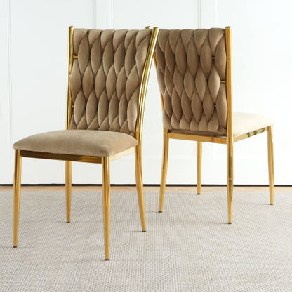 Velvet Upholstered Dining Chairs with Metal Legs, Set of 2, Brown