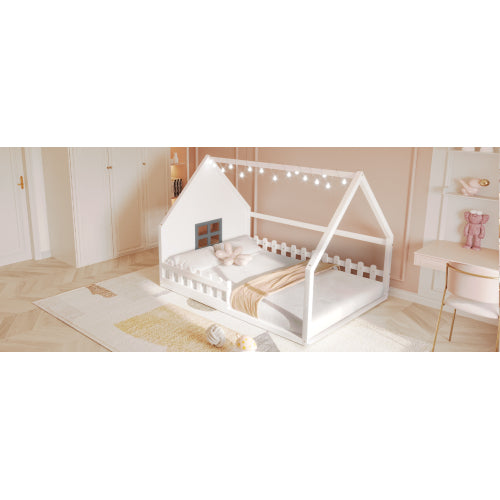 Full Size Wood House Bed with Window and Fence, White