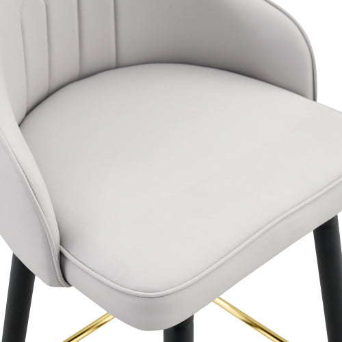 Set of 2  Light Gray PU Leather Bar Stools: 37.7inch High, 25inch Seat Height, Gold Accent Footrest, Ideal for Kitchen Island, Home Bar & Dining Area, Available in Black, White & Dark Gray Splicing Colors.