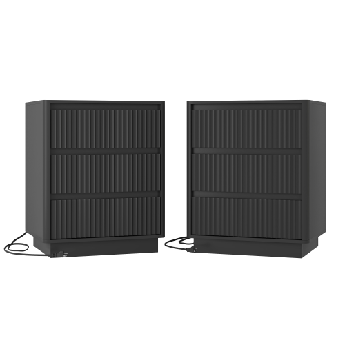 Set of 2 End Tables with USB C Charging Station, 3-Drawer Storage Side Table for Living Room