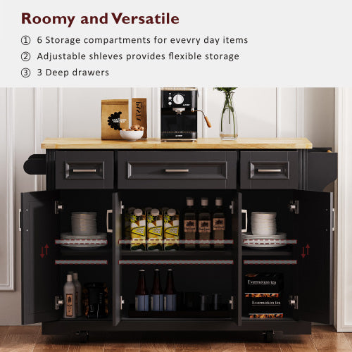 54 Inch Rolling Kitchen Island with Drop Leaf Drawers & Wheels Black