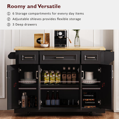 54 Inch Rolling Kitchen Island with Drop Leaf Drawers & Wheels Black