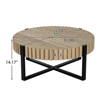 31.5inch  Round Drum Coffee Table MDF Wood Grain Industrial Metal Base