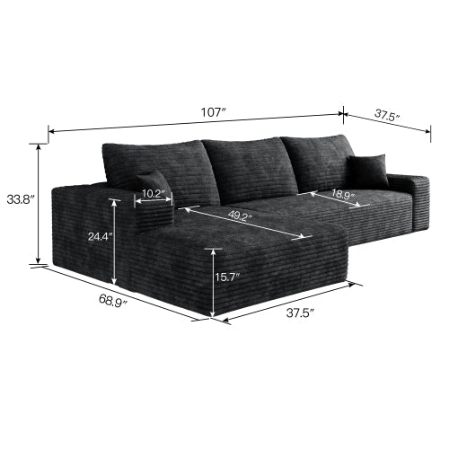 107 inch  Black Plush Corduroy L-Shape Cloud Modular Sectional Sofa, No Assembly