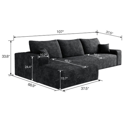 107 inch  Black Plush Corduroy L-Shape Cloud Modular Sectional Sofa, No Assembly