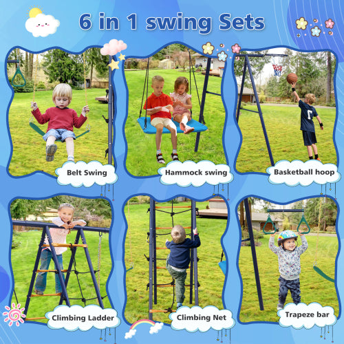 6 in 1 Swing Set With Climbing Ladder, Climbing Net, Trapeze bar, Hammock Swing, Belt Swing, Basketball hoop for Backyard