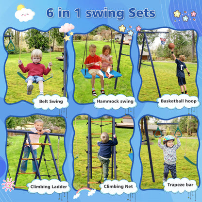 6 in 1 Swing Set With Climbing Ladder, Climbing Net, Trapeze bar, Hammock Swing, Belt Swing, Basketball hoop for Backyard