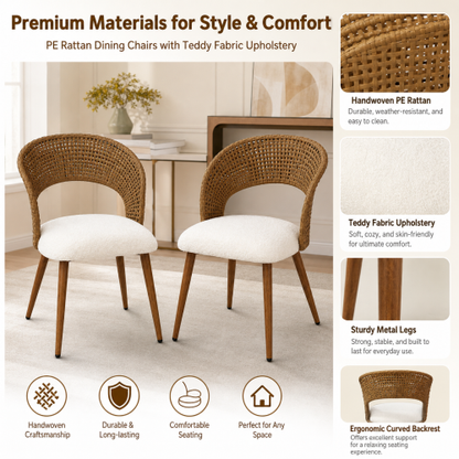 Curved PE Rattan Dining Chairs with Teddy Cushions, Set of 2, Beige/Brown