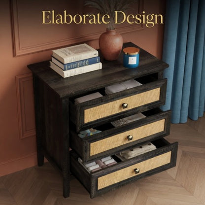 29.5-Inch Wide Boho Nightstand with 3 Drawers, Tall Rattan End Table with Storage
