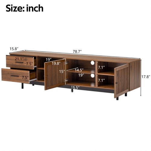 78.7 inch Walnut Slatted Door TV Stand Deep Drawers Solid Rubber Wood Legs Holds 85 inch TV