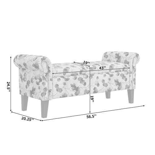 Traditional Rolled Arm Storage Bench Ottoman with Pewter Nailhead Trim in Black Curly Vine Pattern with Dark Brown Solid Wood Legs