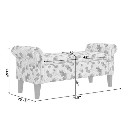 Traditional Rolled Arm Storage Bench Ottoman with Pewter Nailhead Trim in Black Curly Vine Pattern with Dark Brown Solid Wood Legs