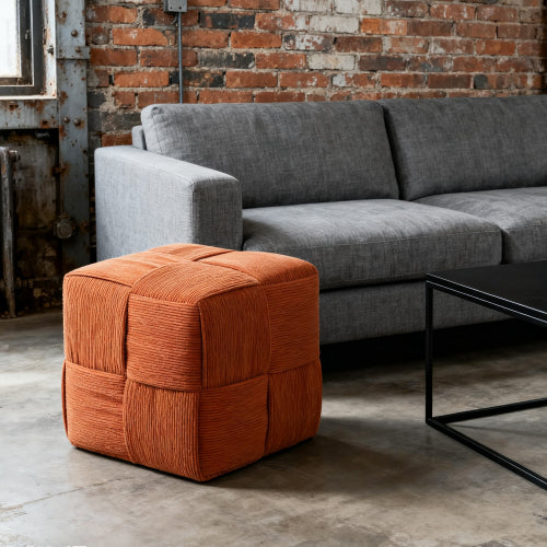 Brown Corduroy Ottoman Footstool with Square Woven Design