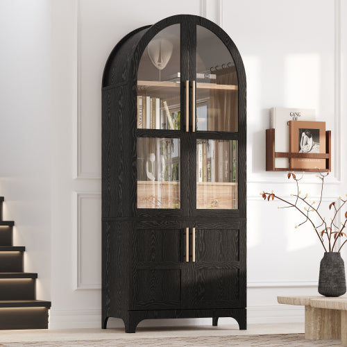 71inch  Arched Farmhouse Pantry Cabinet with Glass Doors Black
